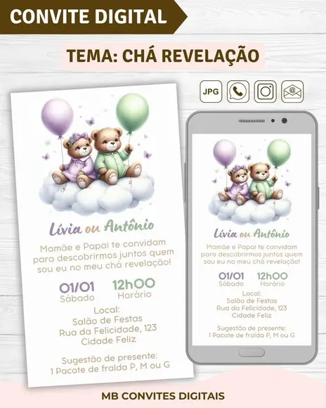 Convite Digital Chá Revelação Ursinhos Lilás e Verde