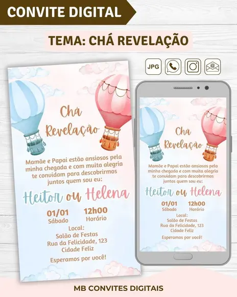 Convite Digital Chá Revelação Balões de Ar
