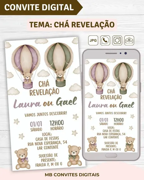 Convite Digital Chá Revelação Ursinhos Lilás e Verde (03)
