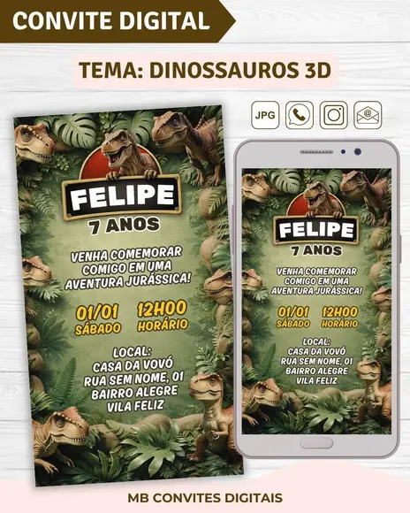 Convite Digital Dinossauro 3d - Aniversário Infantil