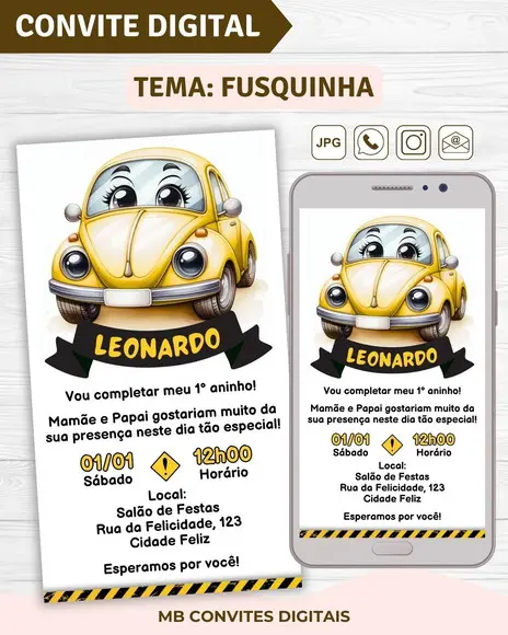 Convite Digital Fusca / Fusquinha Amarelo