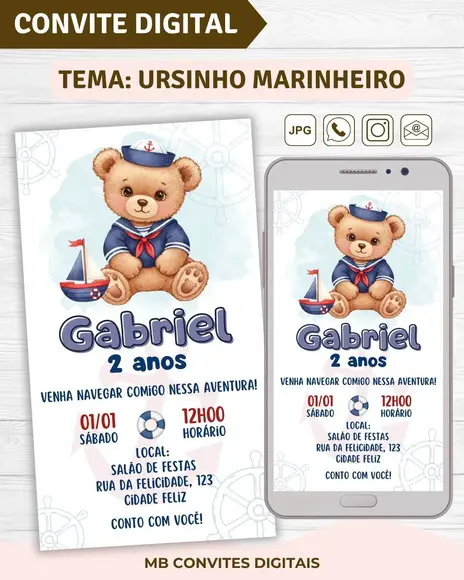 Convite Digital Ursinho Marinheiro