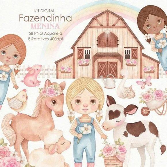 Kit Digital - Fazendinha Aquarela Menina