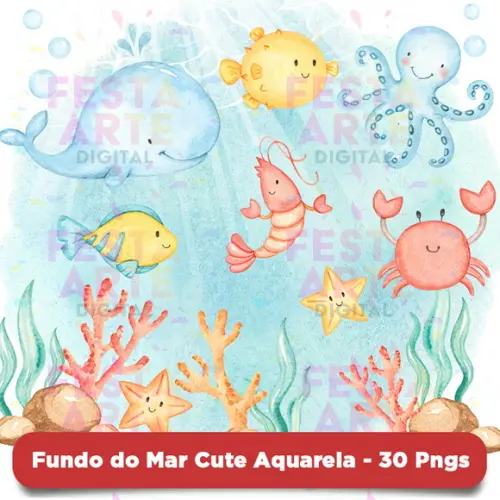 Kit Digital Fundo do Mar Aquarela 30 Pngs