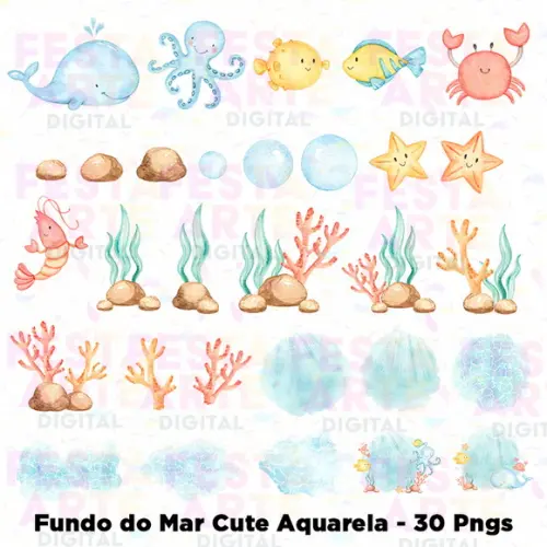 Kit Digital Fundo do Mar Aquarela 30 Pngs