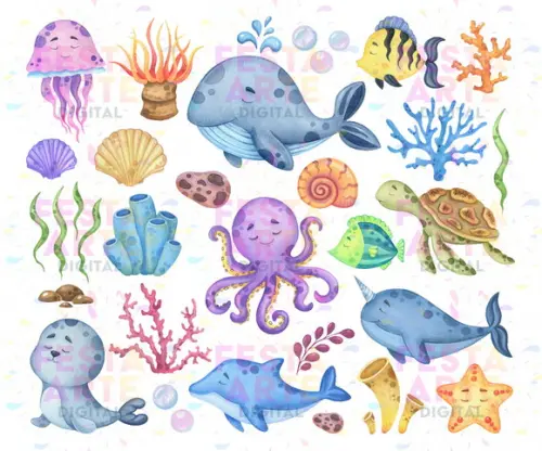 Kit Digital Fundo do Mar Aquarela 30 Imagens (animais Marinh
