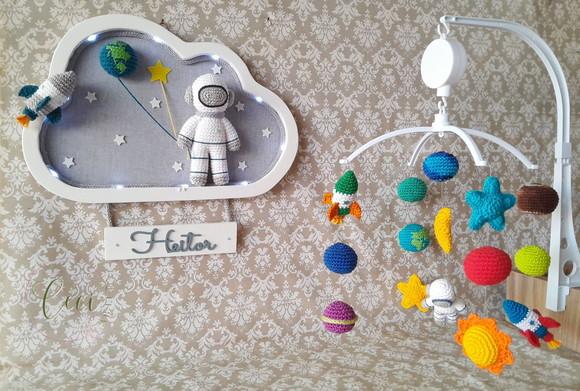 Kit Porta Maternidade Astronauta com Led +móbile Musical
