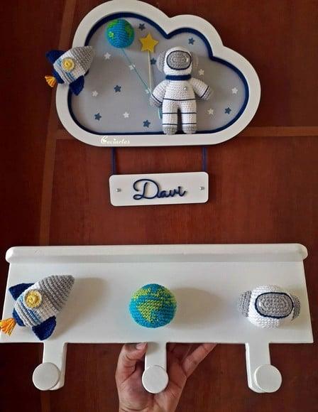 Kit Porta Maternidade+ Cabideiro + Prende Cortina Astronauta