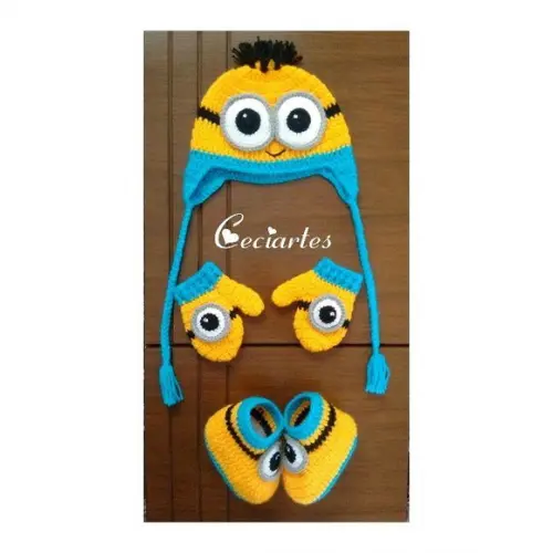 Kit Minions de Touca , Luva e Pantufa botinha