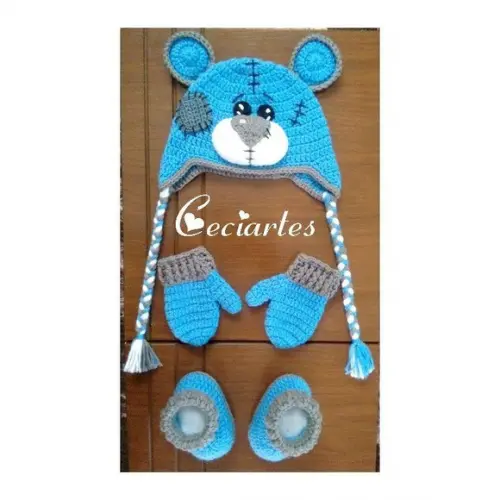 Kit infantil Touca , luva e Pantufa botinha de crochê