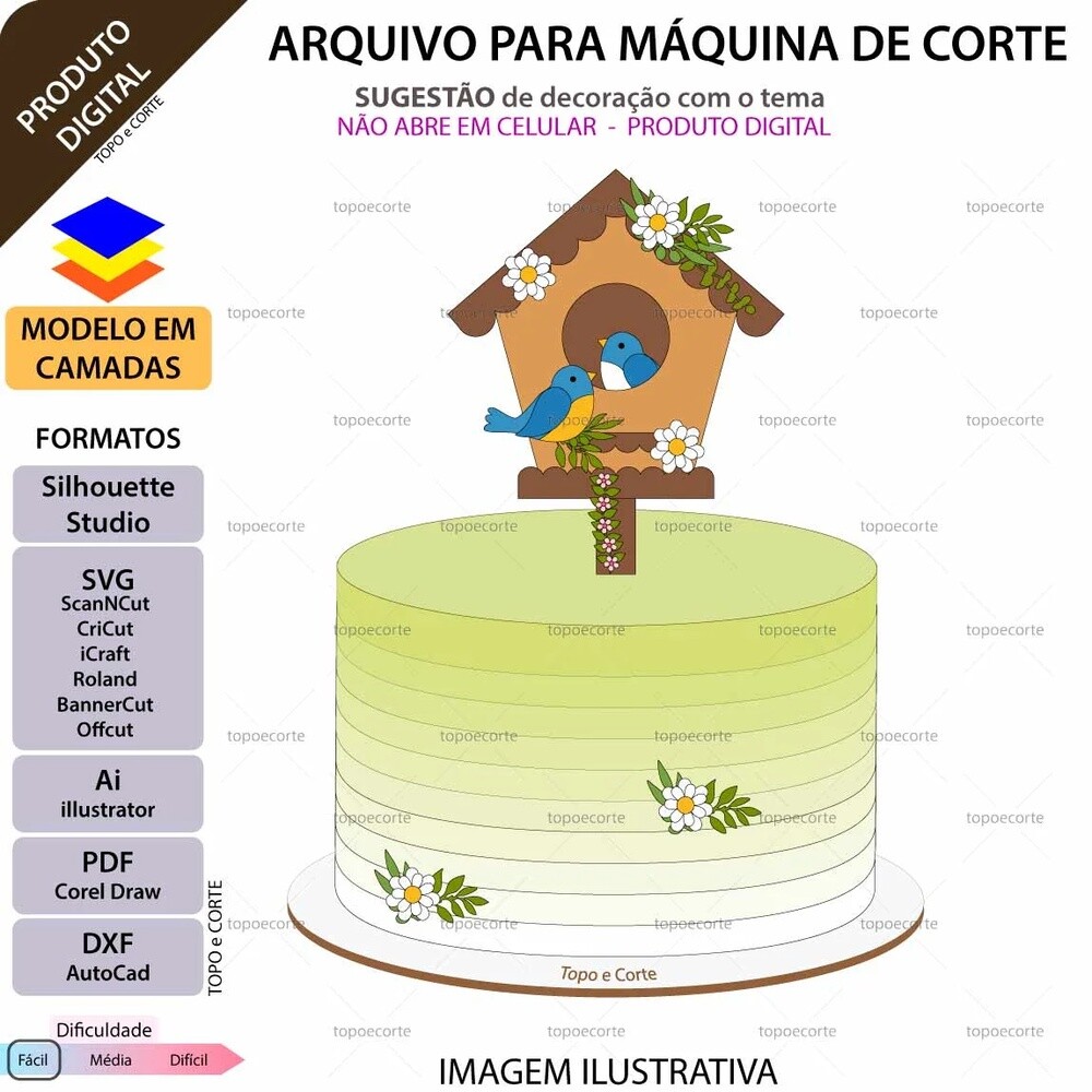 Kit Digital Topo de bolo Casinha Com Passarinhos