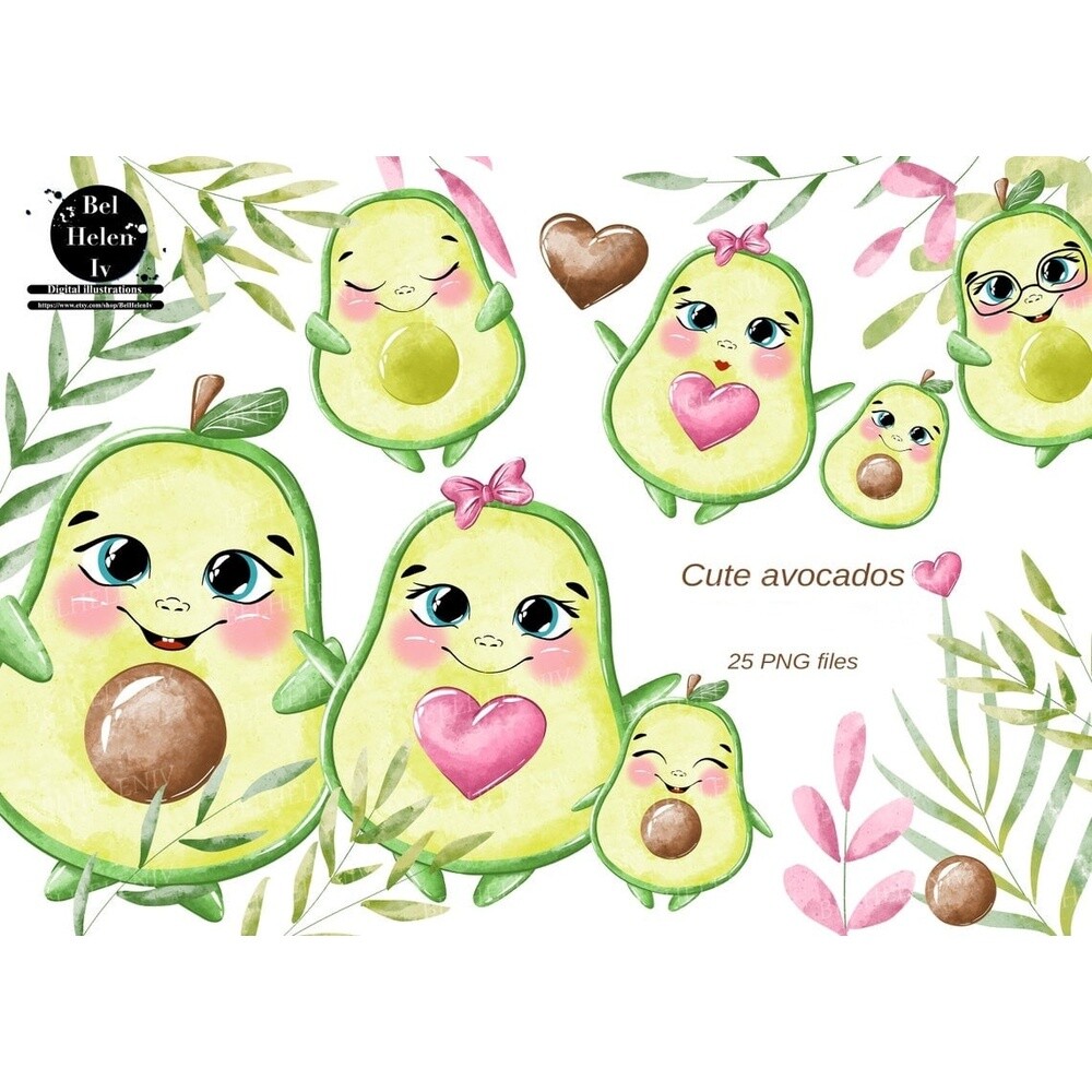 Kit Digital abacatudo abacate cute watercolor aquerela, png, clip