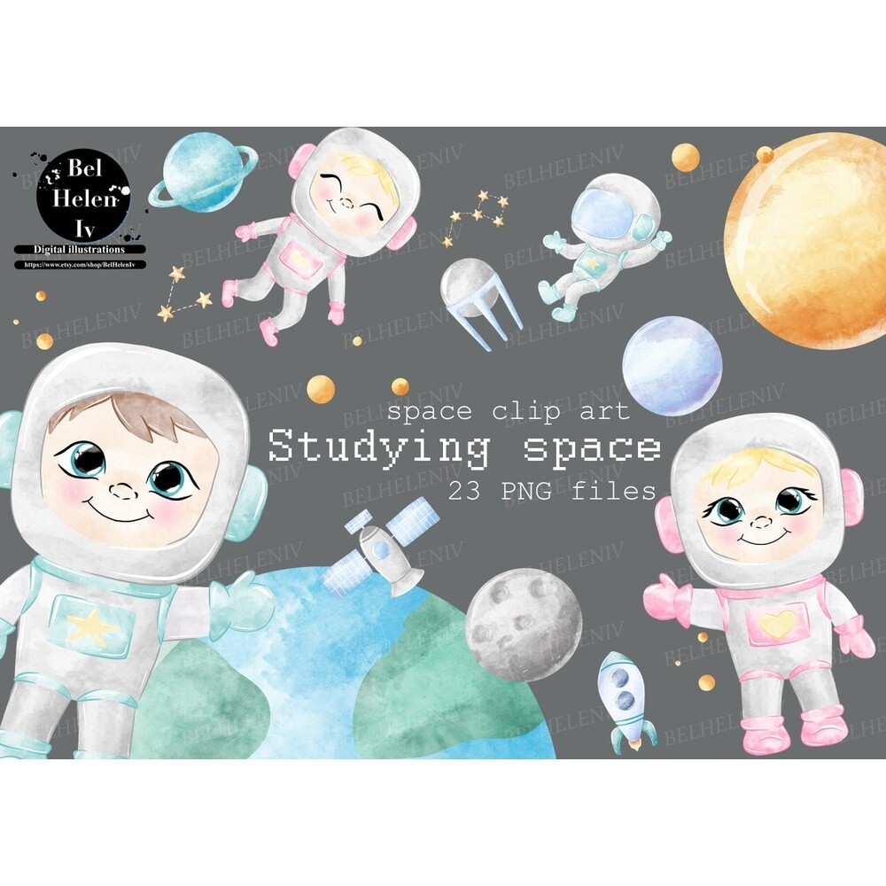 Kit Digital atronauta cute watercolor aquerela, png, clipart, fun