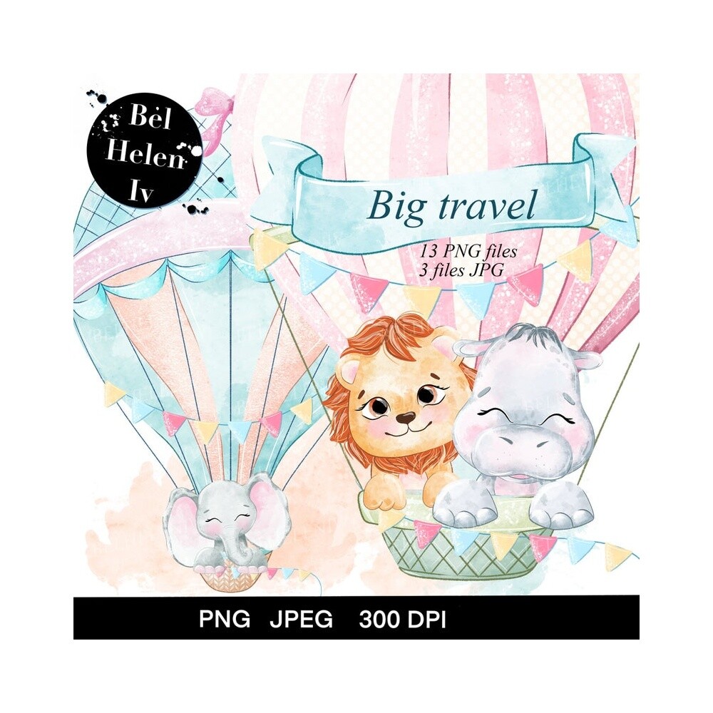 Kit Digital balão animais cute watercolor aquerela, png, clipart