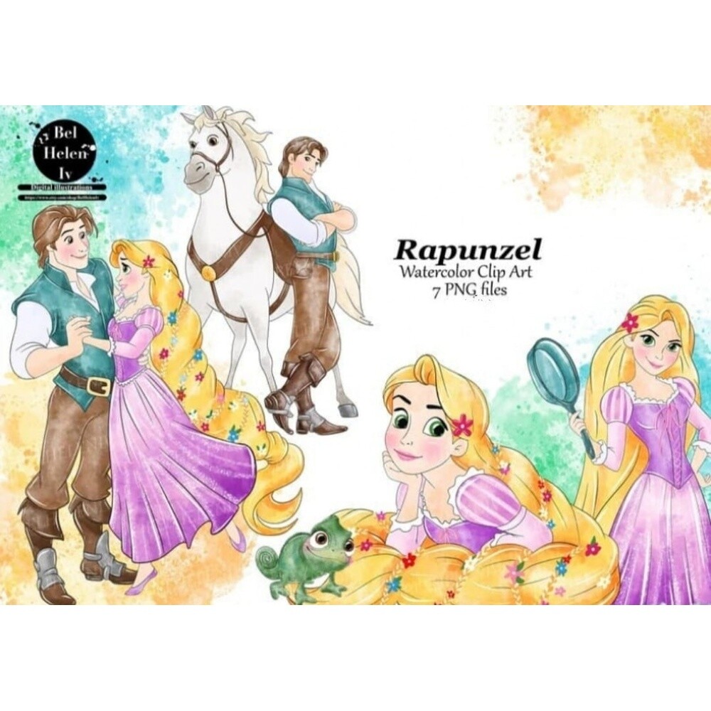 Kit Digital cute princesas enrolados watercolor aquerela, png, cl