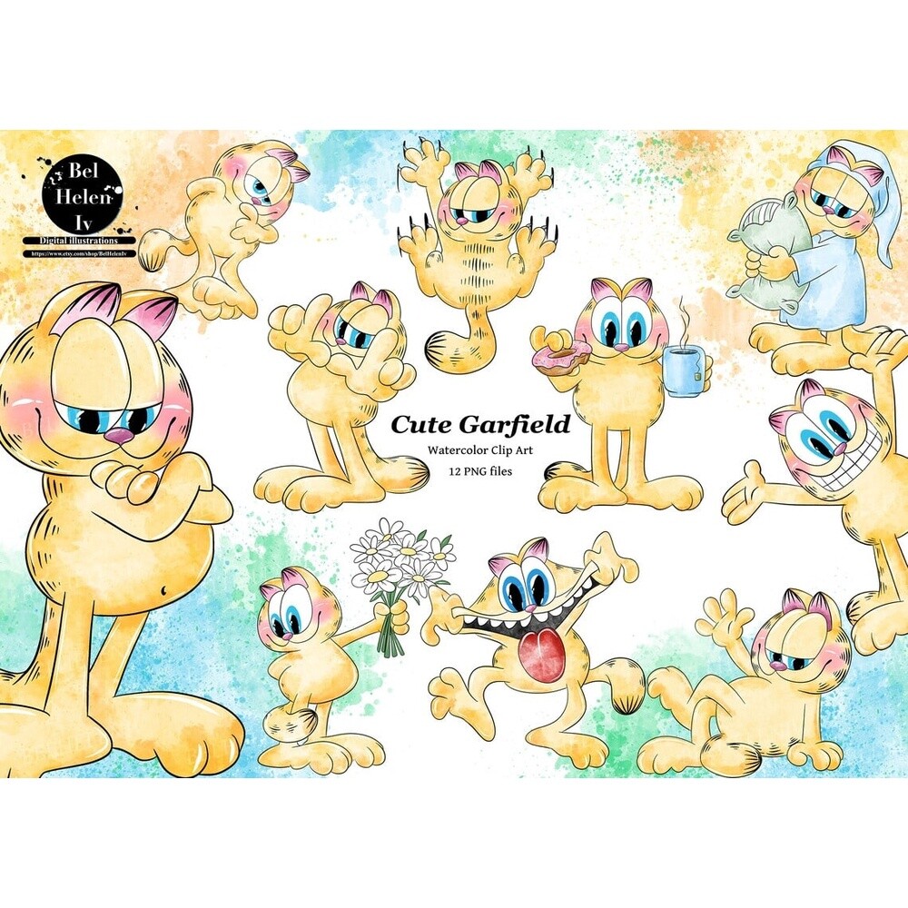 Kit Digital Garfield PNG  Garfield Clipart Aquarela  Elementos Ga