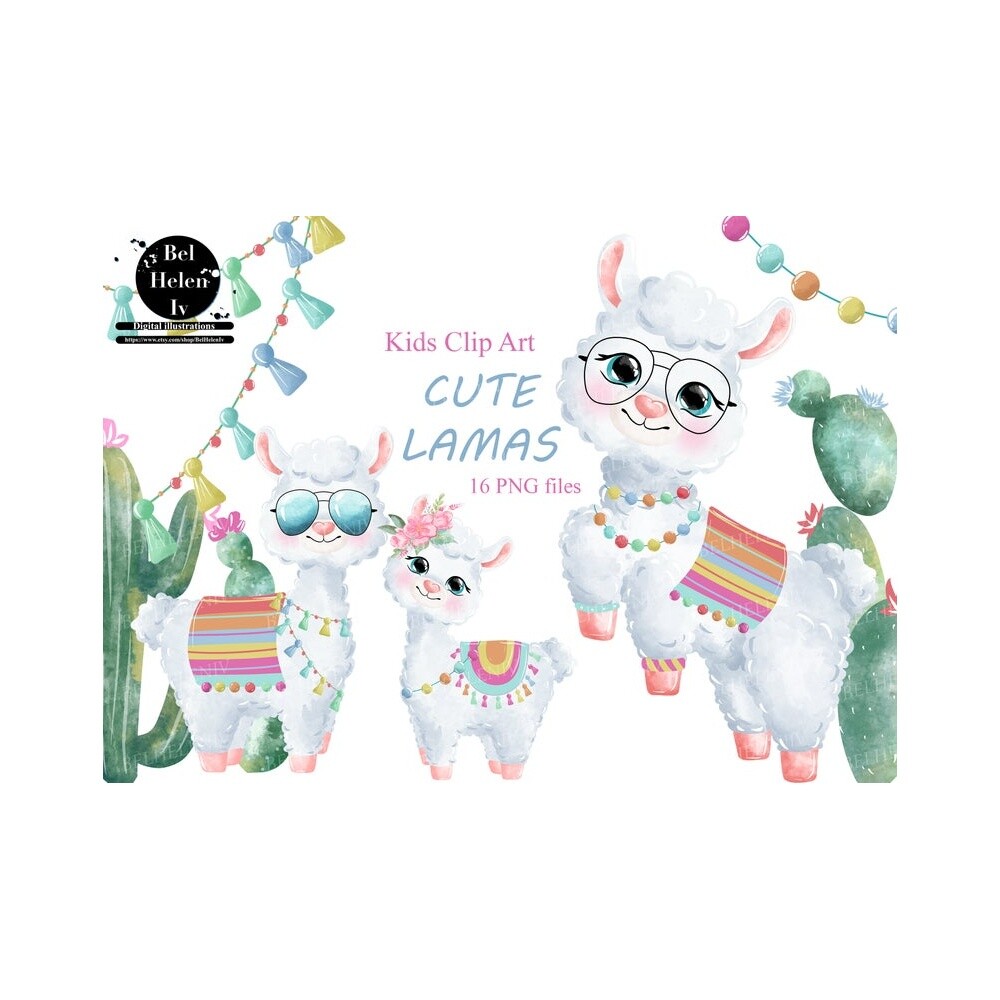 Kit Digital lhamas watercolor aquerela, png, clipart, fundo trans