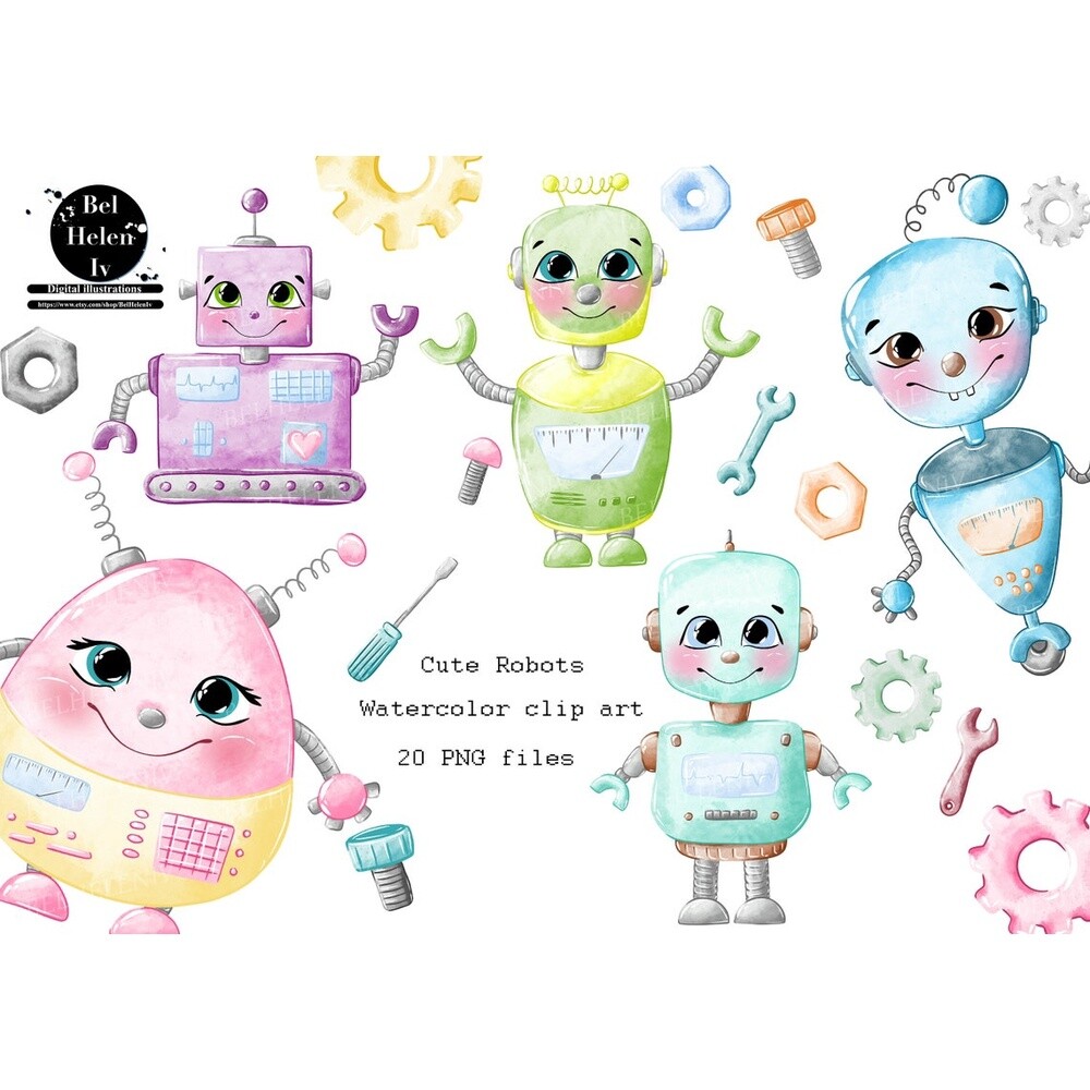 Kit Digital robos cute watercolor aquerela, png, clipart, fundo t