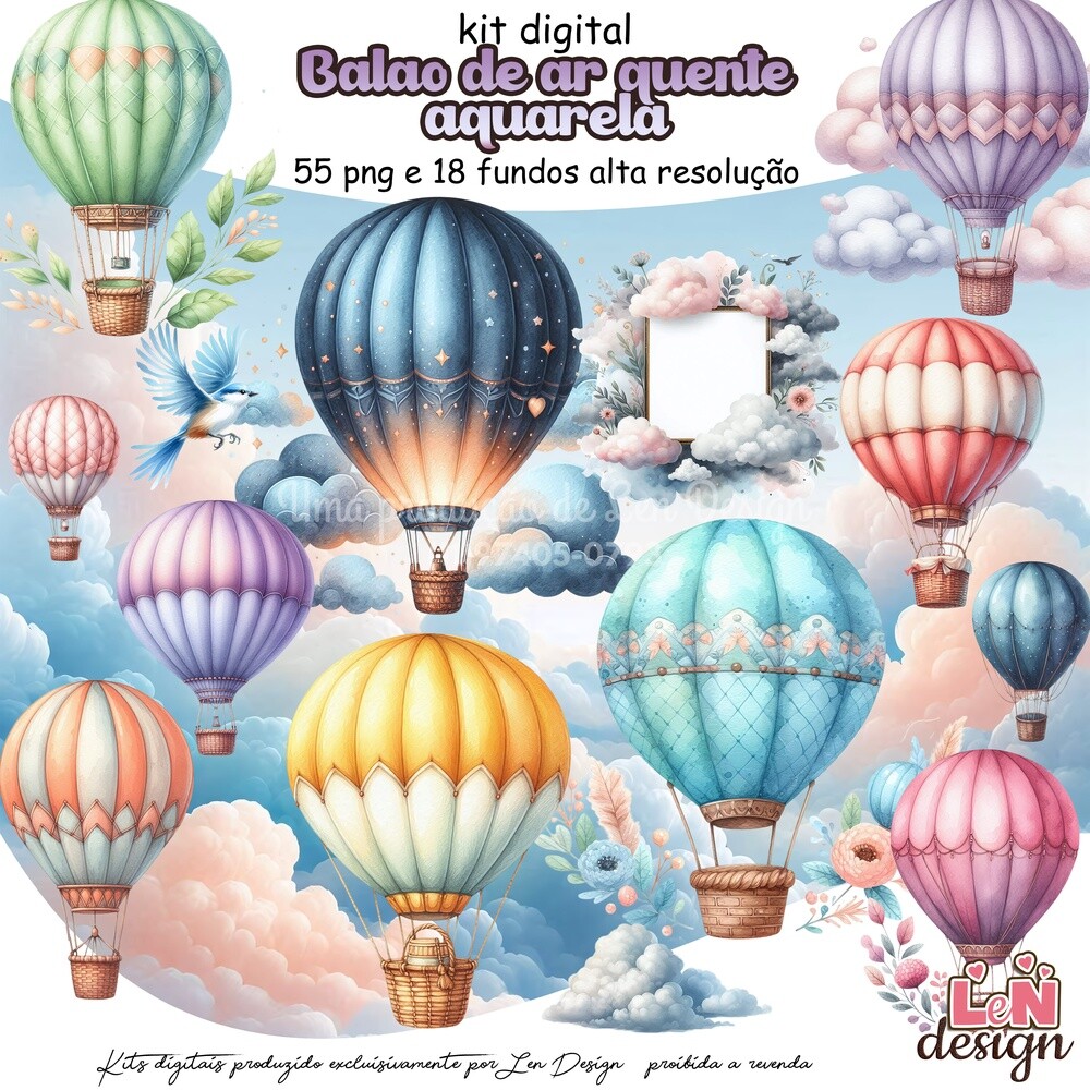 Kit Digital Papelaria Personalizada png Balão de Ar Quente Aquar