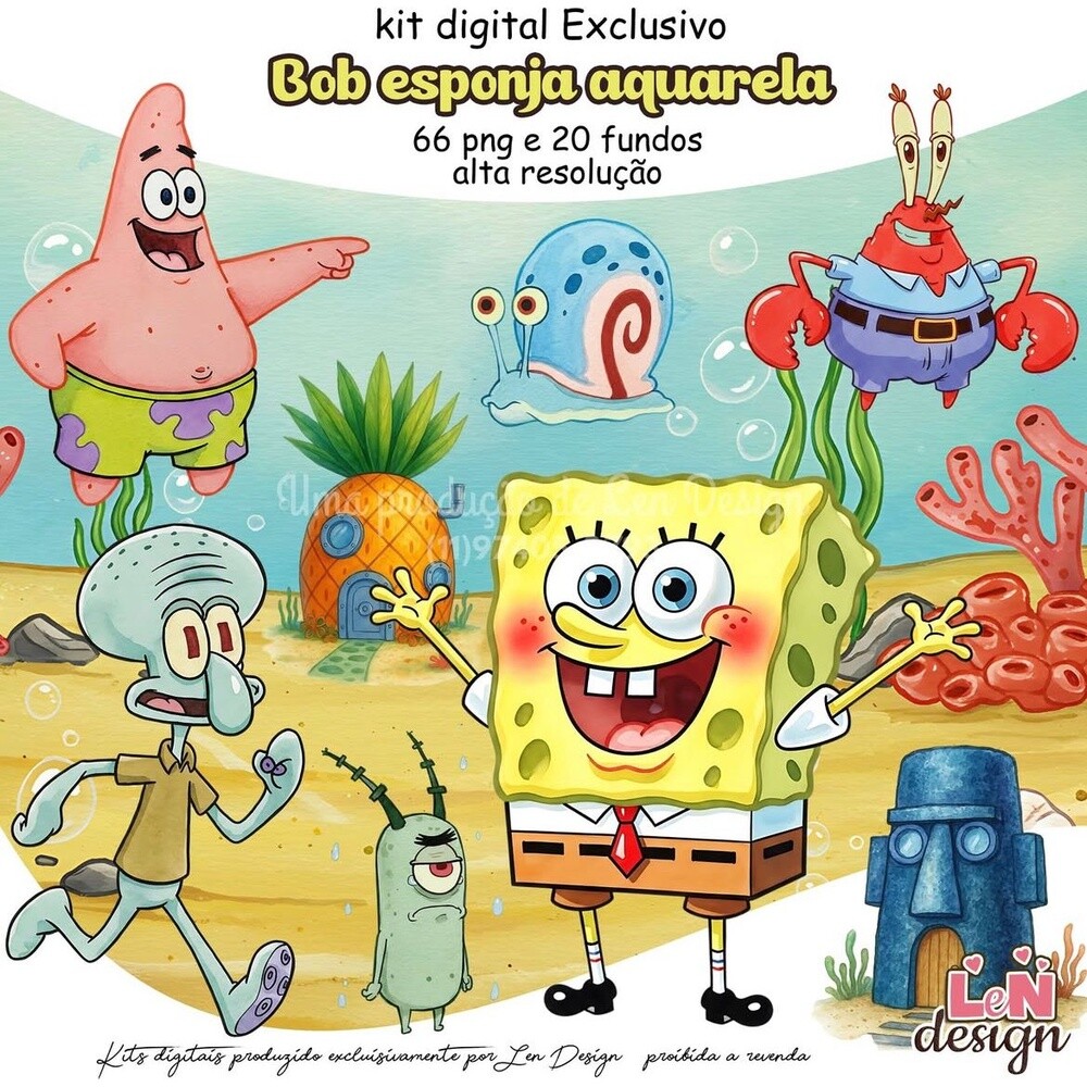 Kit Digital Papelaria Personalizada png Bob Esponja Aquarela ( Dr