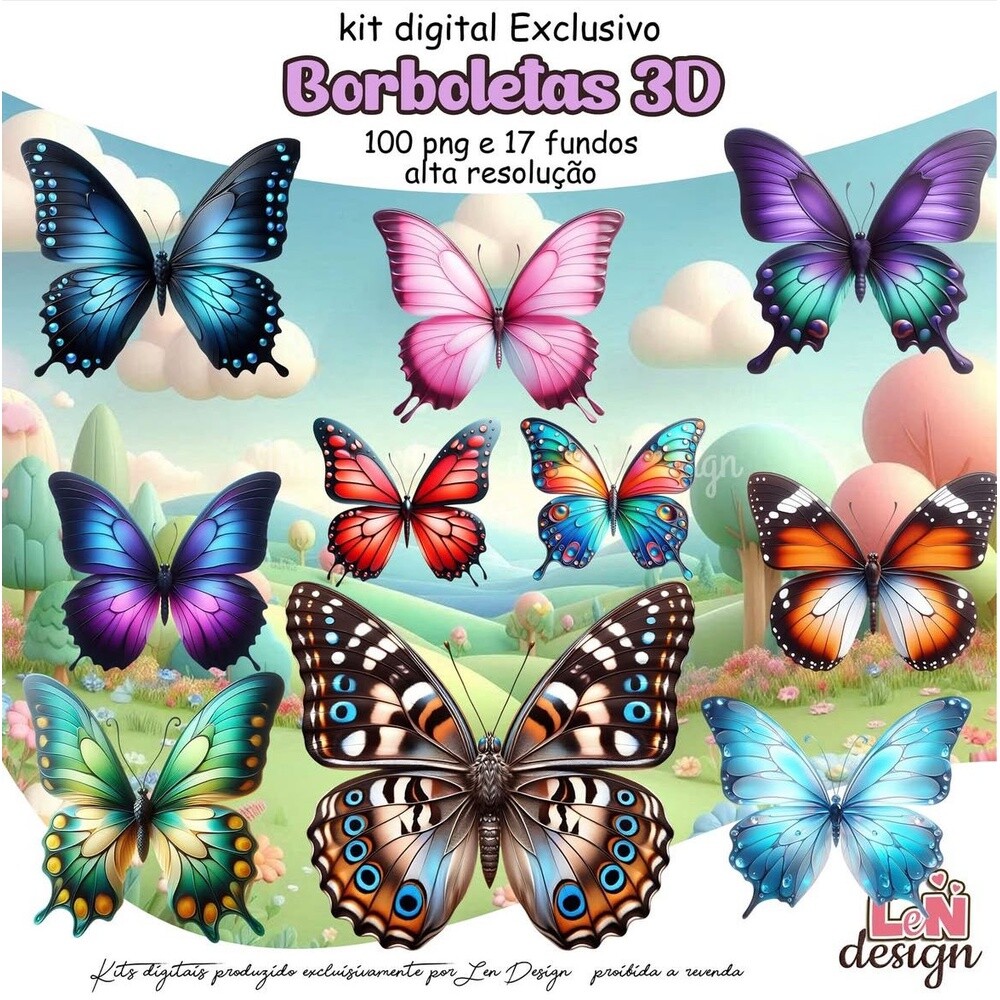 Kit Digital Papelaria Personalizada png Borboletas 3D ( Drive da 