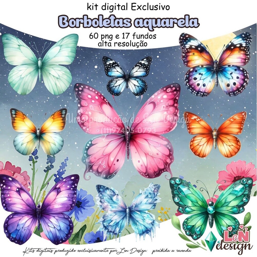 Kit Digital Papelaria Personalizada png Borboletas Aquarela ( Dri