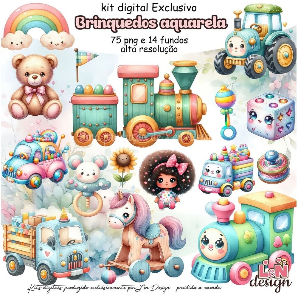 Kit Digital Papelaria Personalizada png Brinquedos Aquarela ( Dri