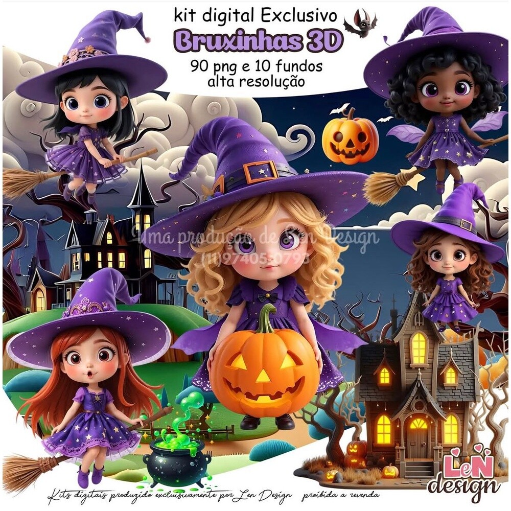 Kit Digital Papelaria Personalizada png Bruxinhas 3D ( Drive da A