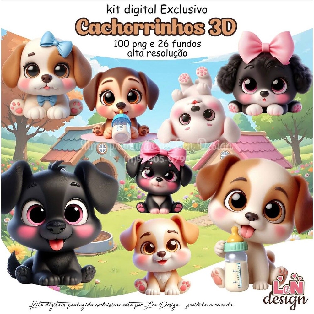 Kit Digital Papelaria Personalizada png Cachorrinhos 3D ( Drive d
