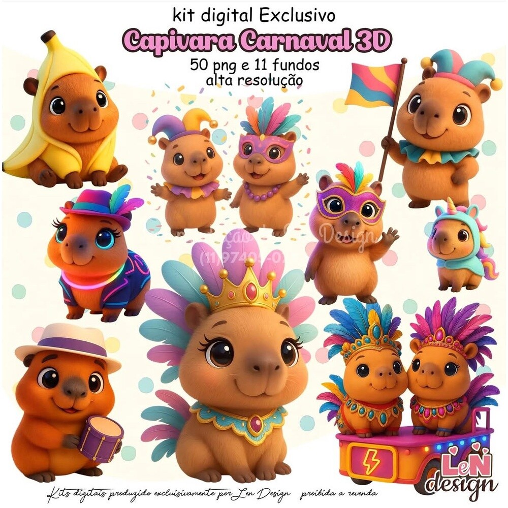 Kit Digital Papelaria Personalizada png Capivara Carnaval ( Drive