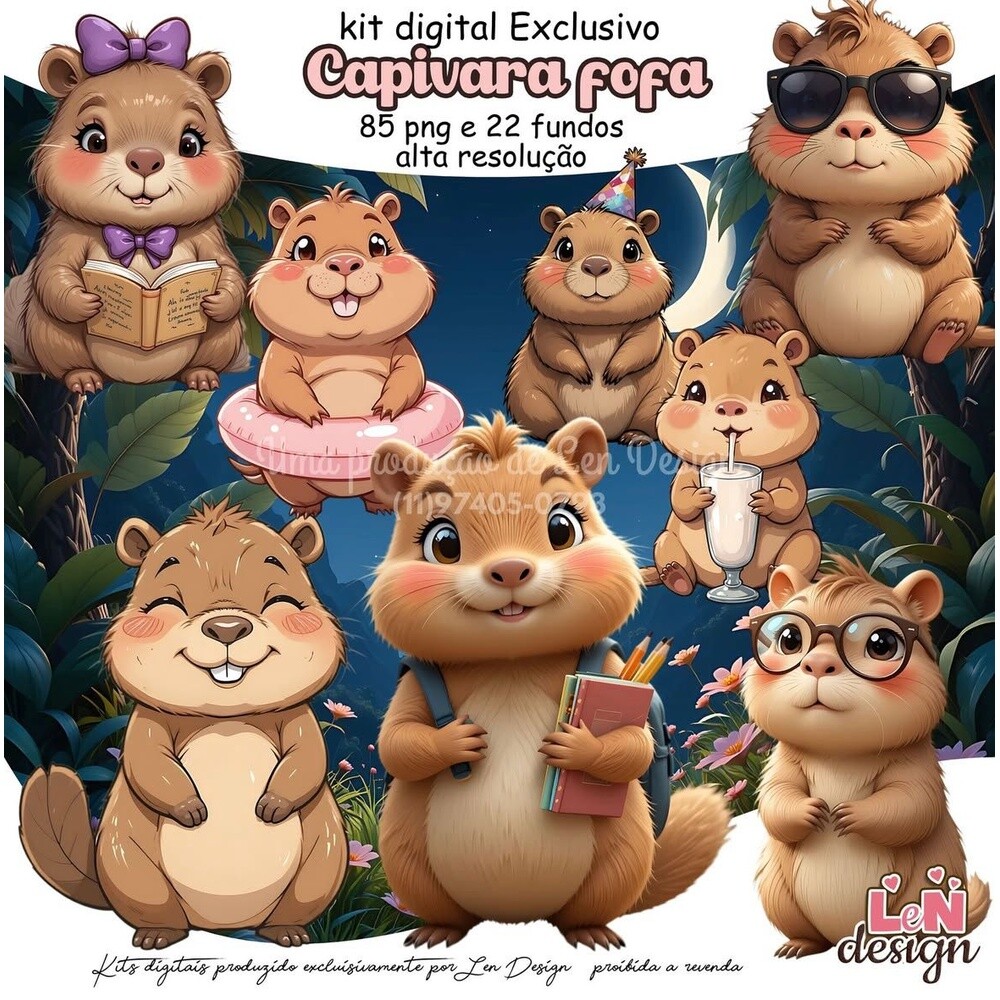 Kit Digital Papelaria Personalizada png Capivara Fofa ( Drive da 