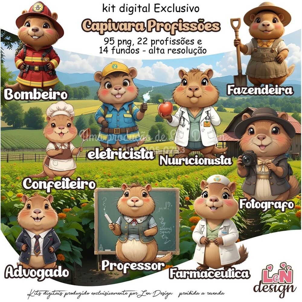 Kit Digital Papelaria Personalizada png Capivara Profissões ( Dr