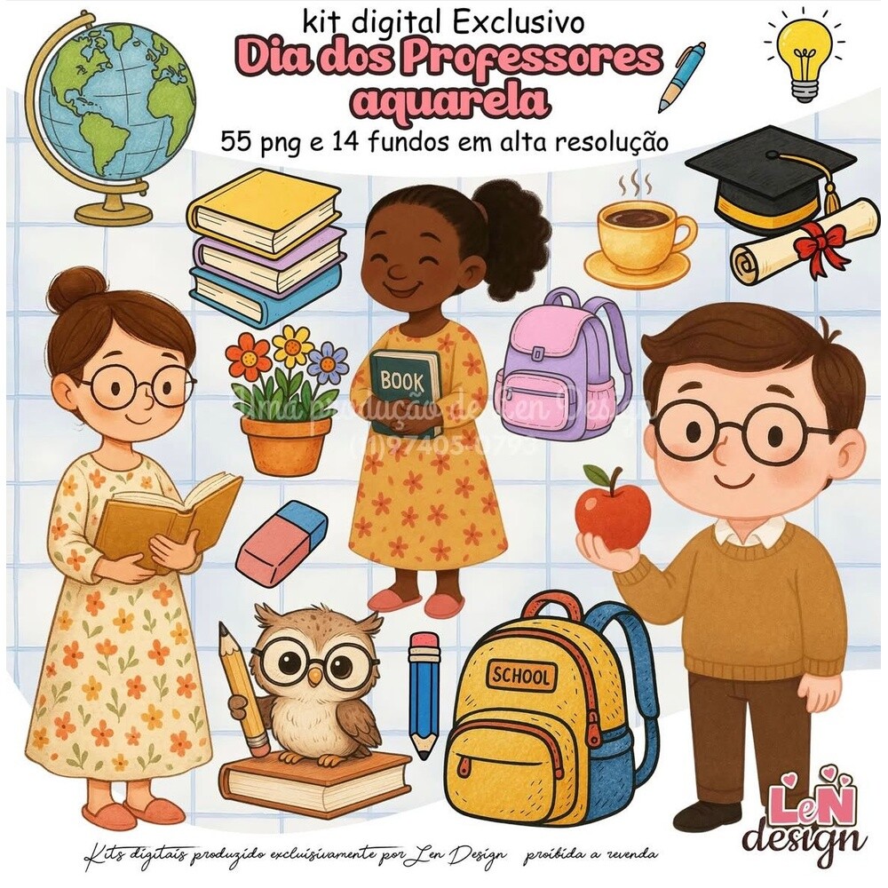 Kit Digital Papelaria Personalizada png Dia dos Professores Aquar