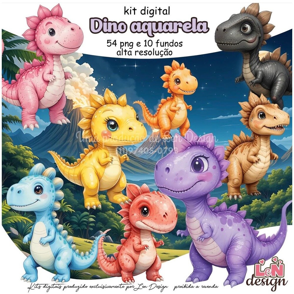 Kit Digital Papelaria Personalizada png Dino Aquarela ( Drive da 