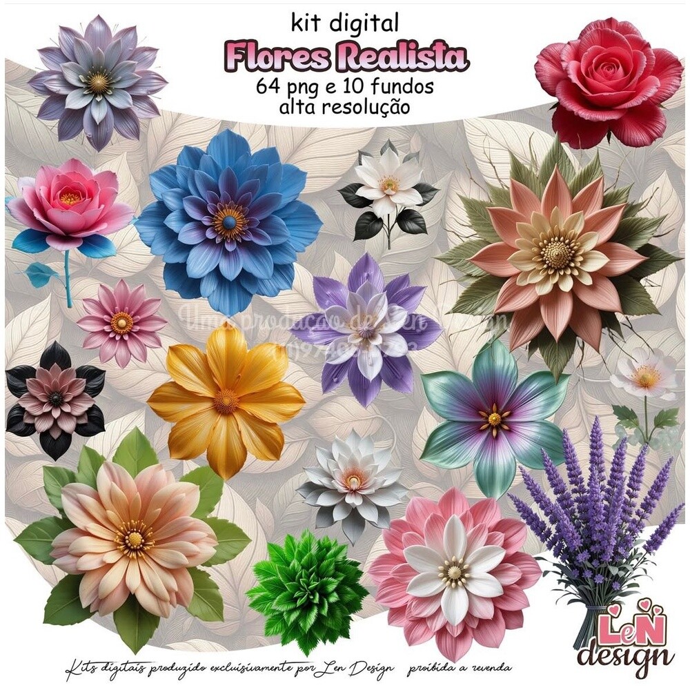 Kit Digital Papelaria Personalizada png Flores Realistas ( Drive 