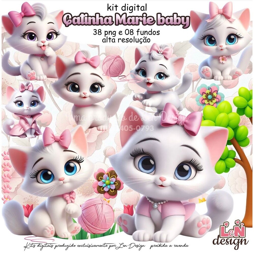 Kit Digital Papelaria Personalizada png Gatinha Marie Baby ( Driv