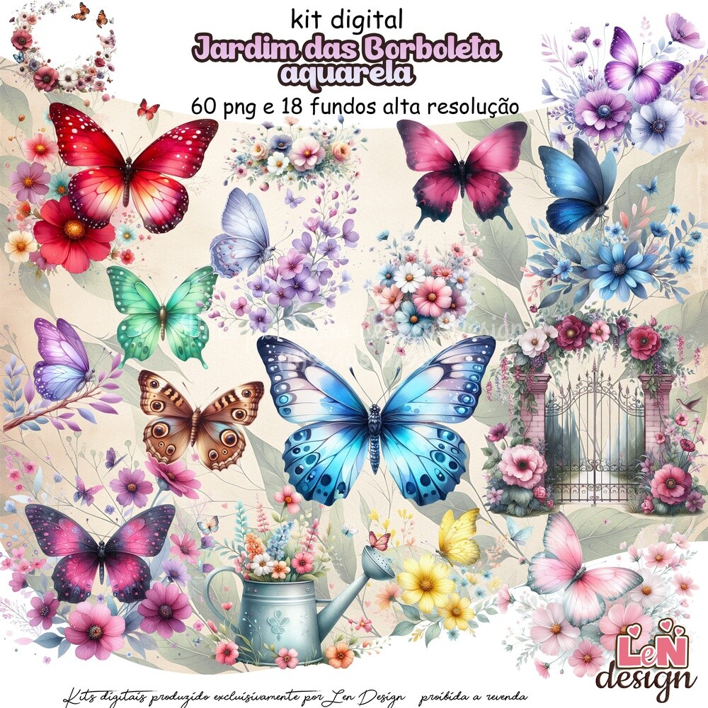 Kit Digital Papelaria Personalizada png Jardim das Borboletas Aqu