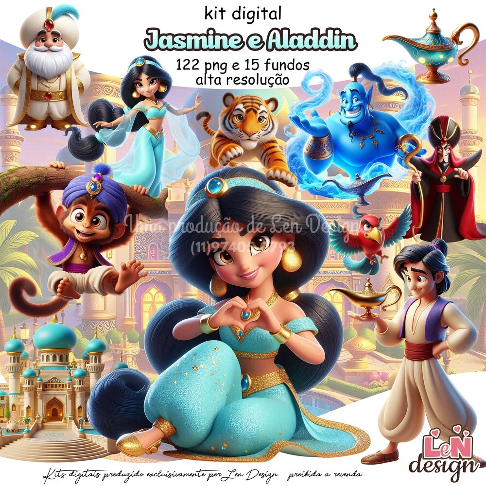 Kit Digital Papelaria Personalizada png Jasmine e Aladdin ( Drive