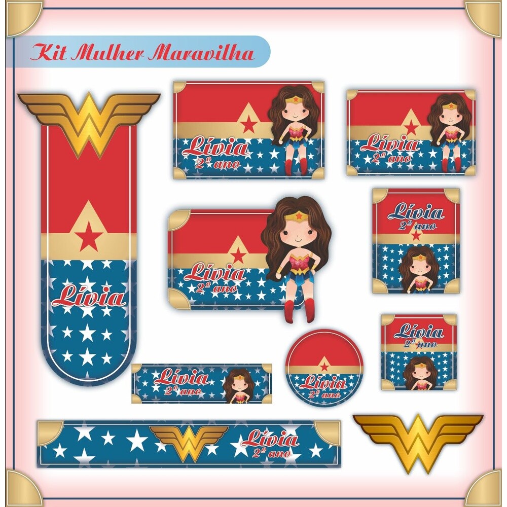 Kit Digital Etiqueta escolar para imprimir  Mulher Maravilha V1 E