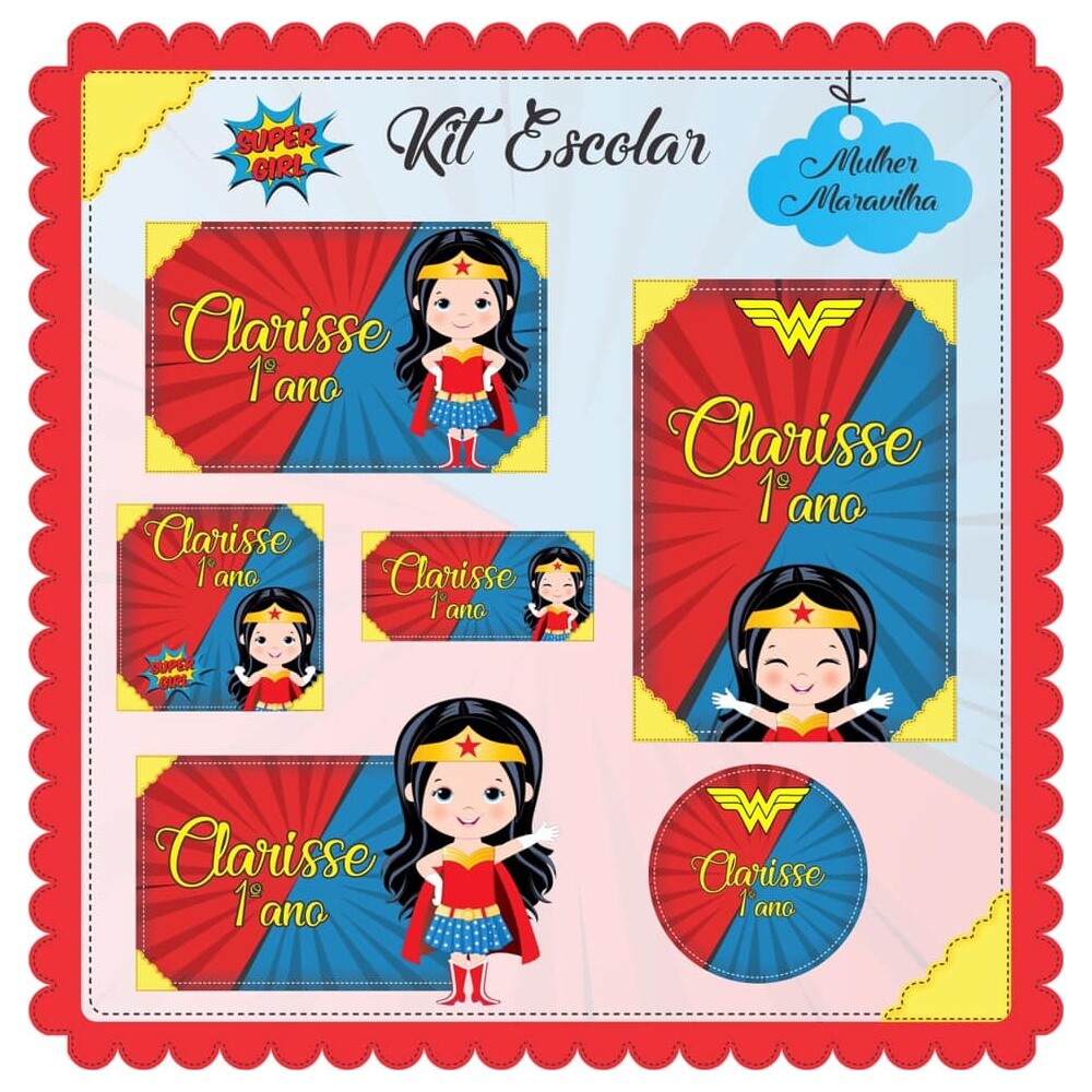 Kit Digital Etiqueta escolar para imprimir  Mulher Maravilha V2 E