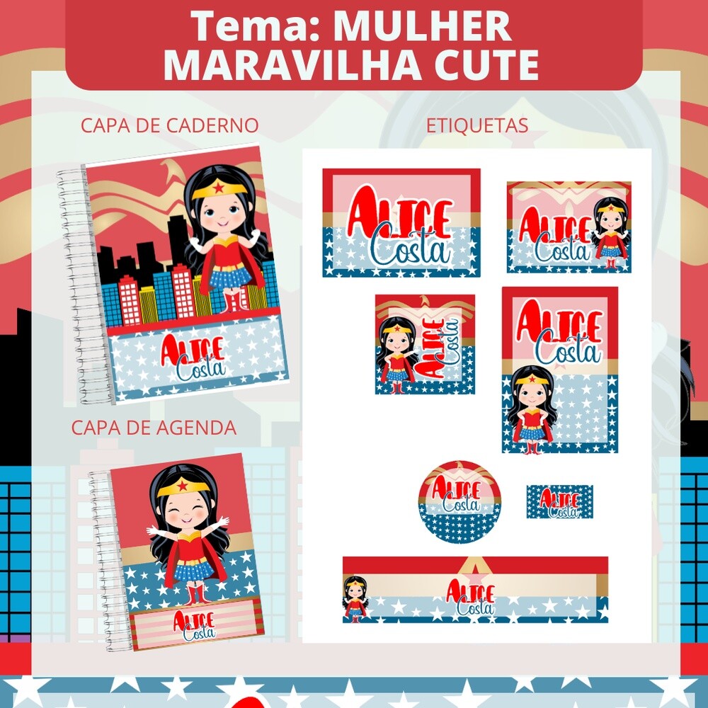 Kit Digital Etiqueta escolar para imprimir  Mulher Maravilha V3 E