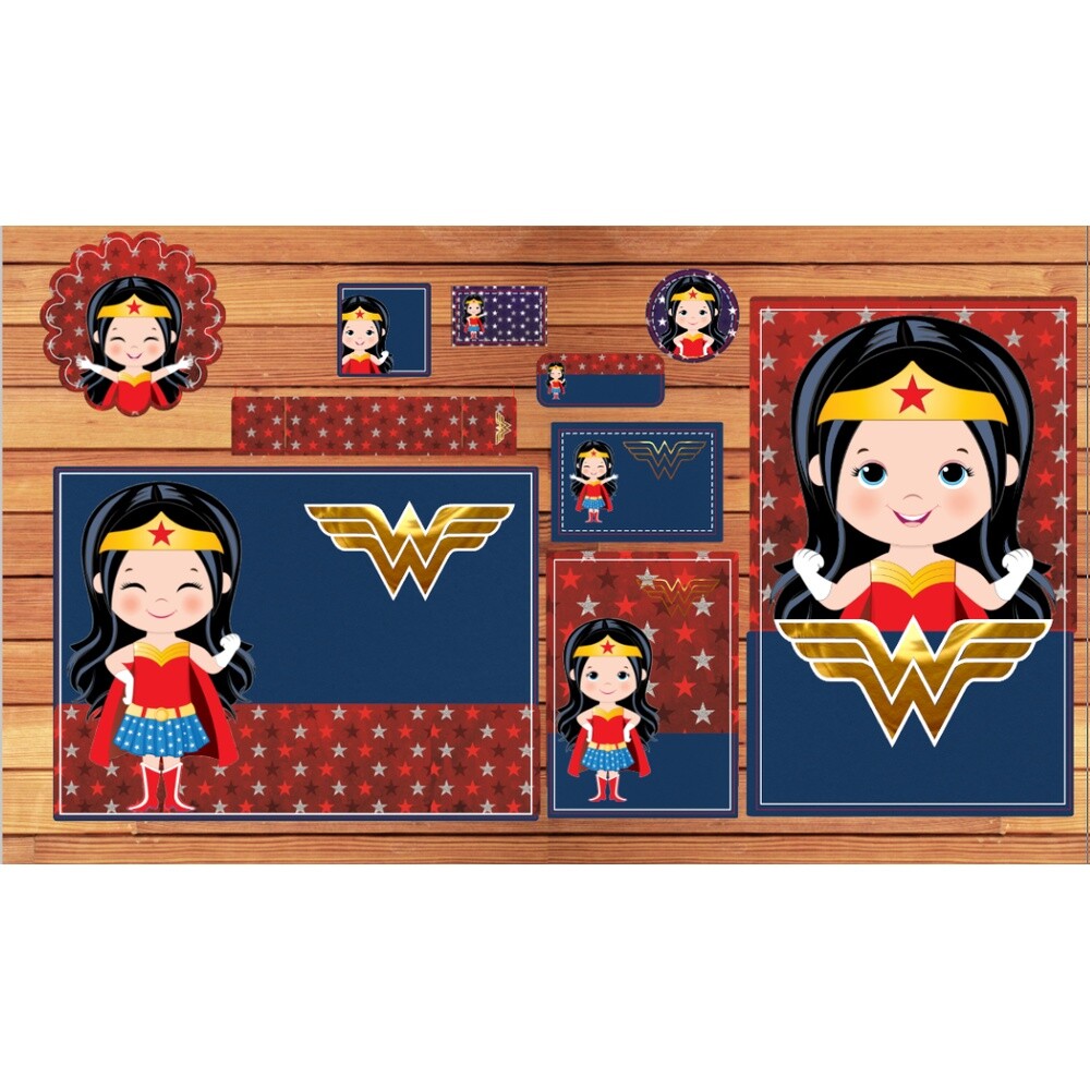 Kit Digital Etiqueta escolar para imprimir  Mulher Maravilha V4 E