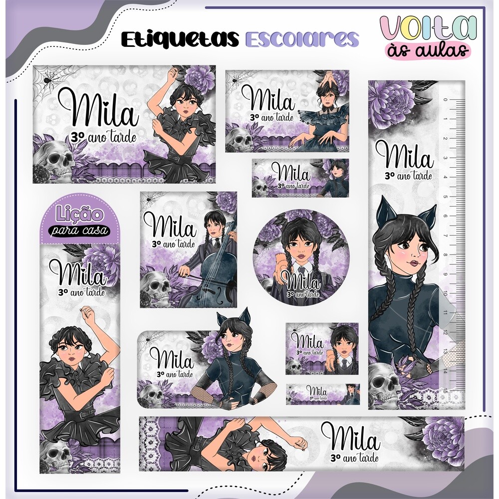 Kit Digital Etiqueta escolar para imprimir  Wandinha V3 EE