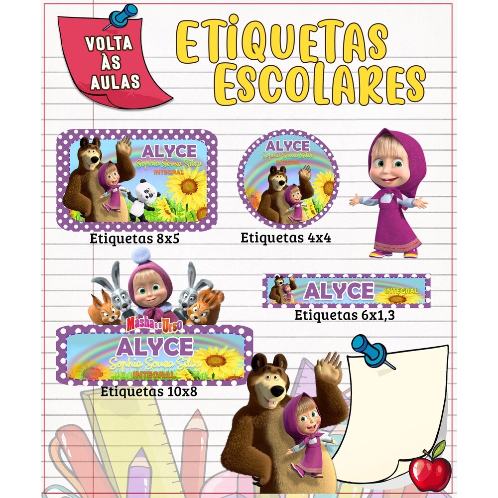 Kit Digital Etiqueta escolar para imprimir  Masha e o Urso V4 EE