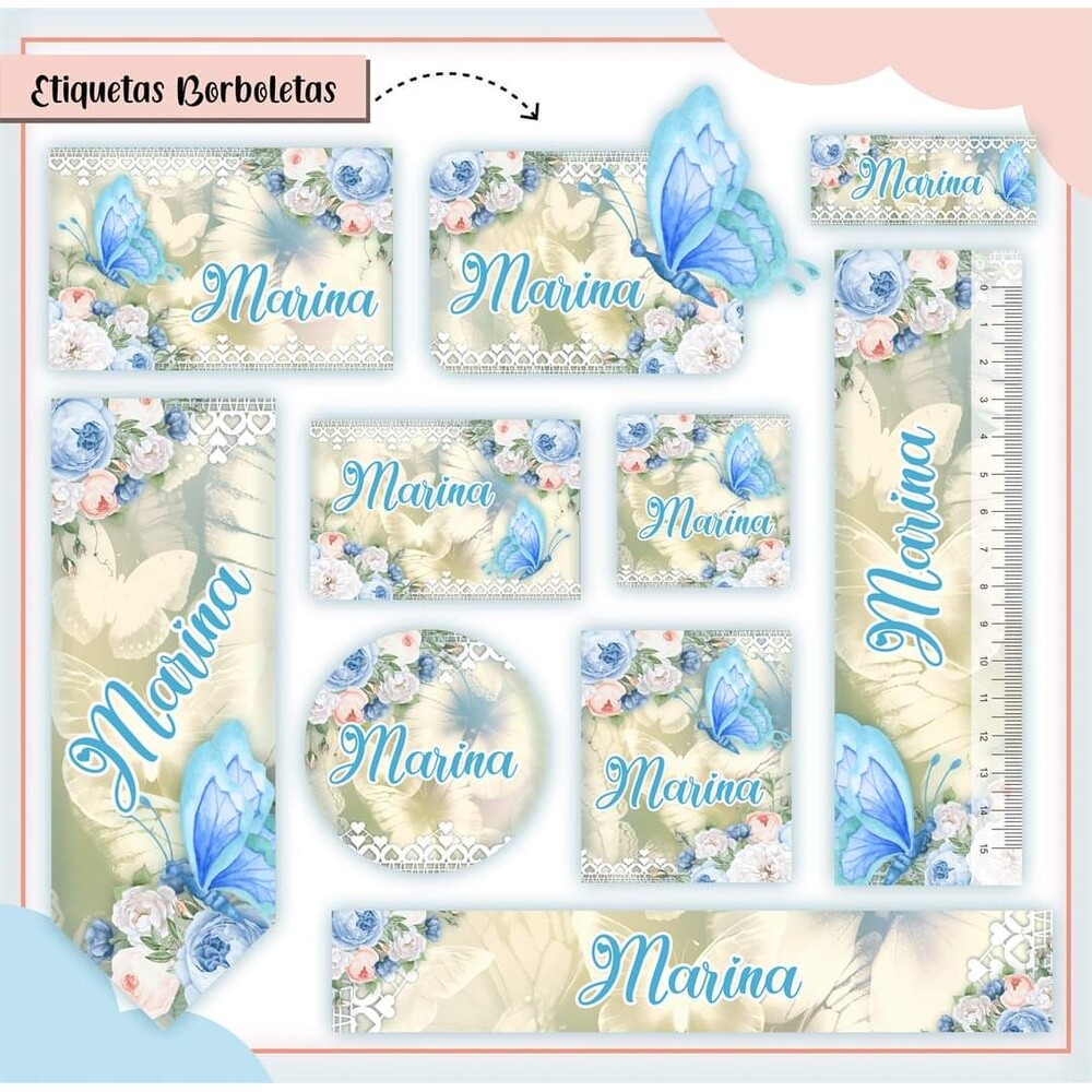 Kit Digital Etiqueta escolar para imprimir  Borboletas V1 Azul EE