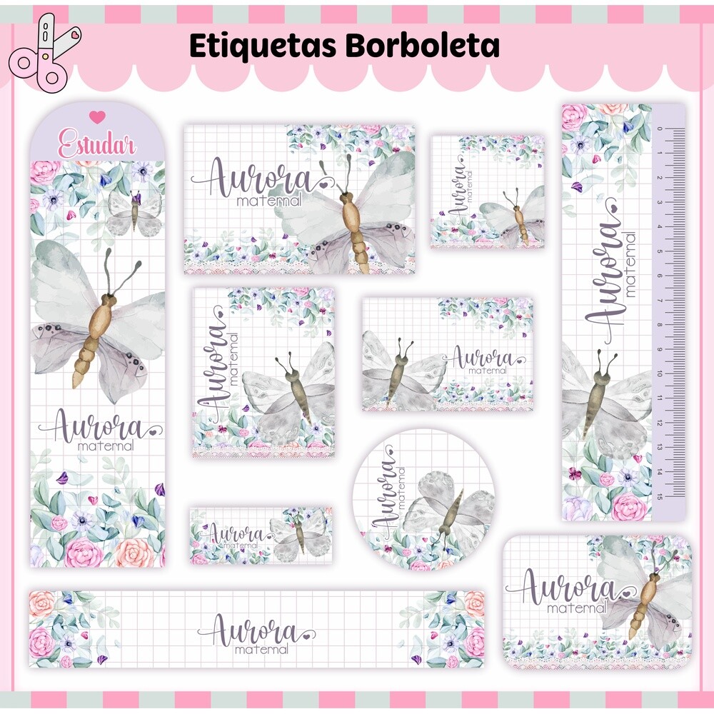 Kit Digital Etiqueta escolar para imprimir  Borboletass V3 EE