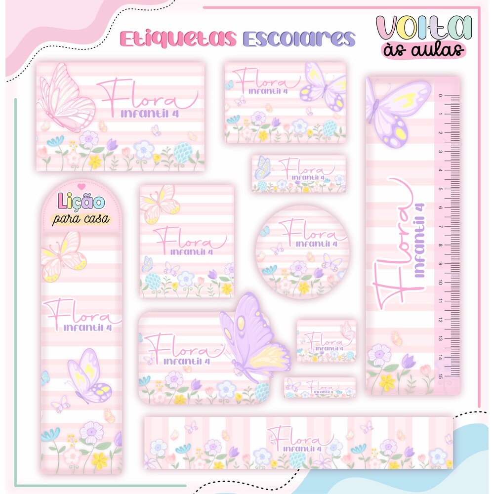 Kit Digital Etiqueta escolar para imprimir  Borboletass V5 EE
