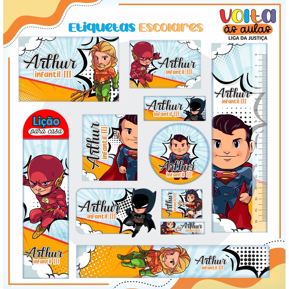 Kit Digital Etiqueta escolar para imprimir  Liga da Justiça V2 E