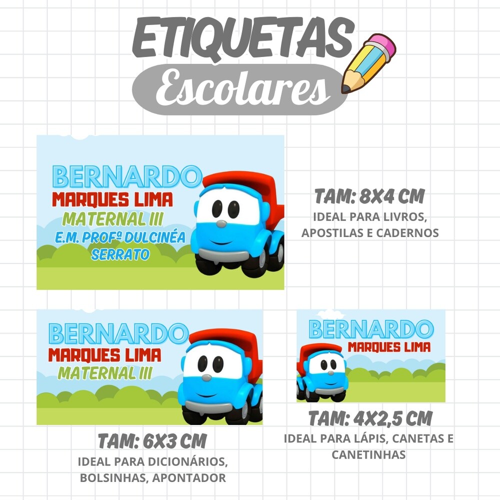 Kit Digital Etiqueta escolar para imprimir  Léo o Caminhão EE V