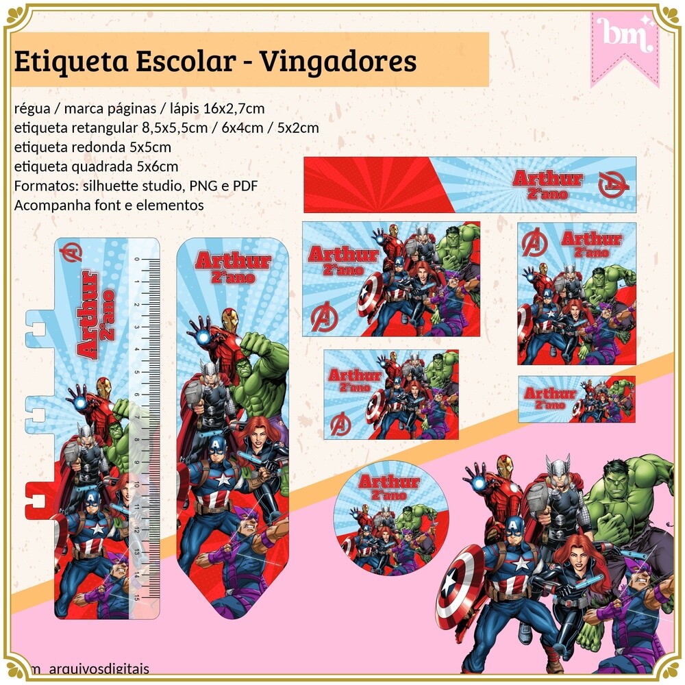 Kit Digital Etiqueta escolar para imprimir  Os vingadores V11 EE